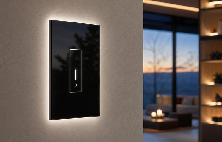 Black 1 gang smart light switch — iotty touch glass panel with LED backlight in a luxury interior