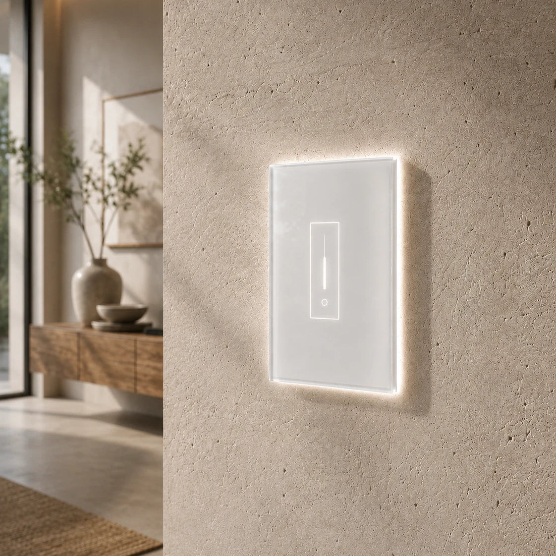 White 1 gang smart glass touch light switch with soft white LED backlight in a modern luxury interior